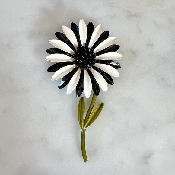Vintage 60s Mod Black and White Enamel Flower Stem Brooch - Picture 1 of 8